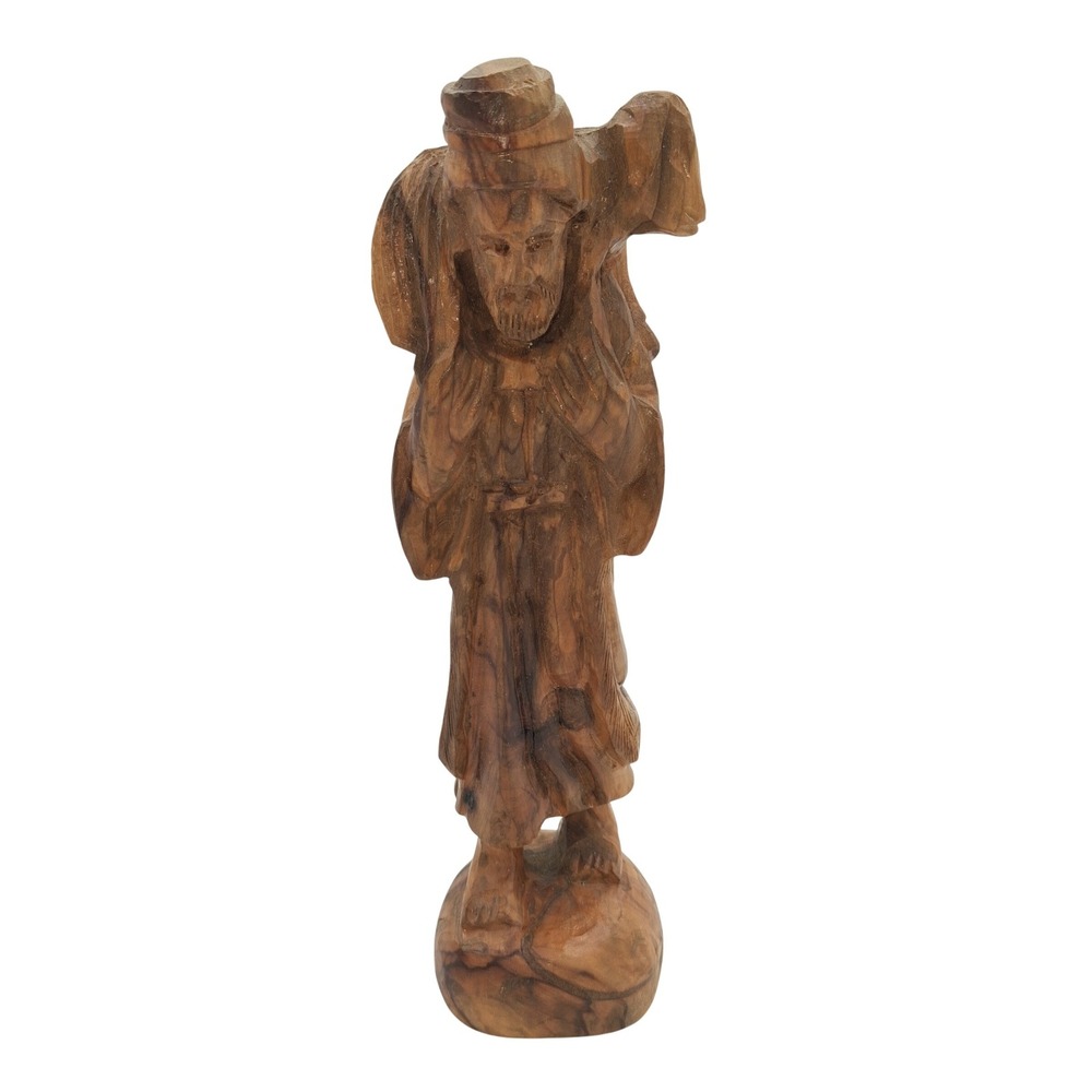 Hand Carved Olive Wood Good Shepherd Figurine Jesus Carrying Lamb 10 Inch